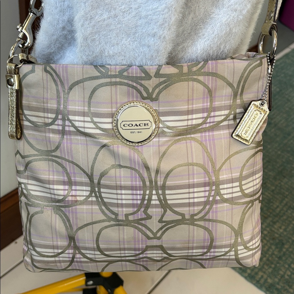 Coach Tartan Plaid Crossbody Bag shoulder bag  cream, violet tan/gold metallic